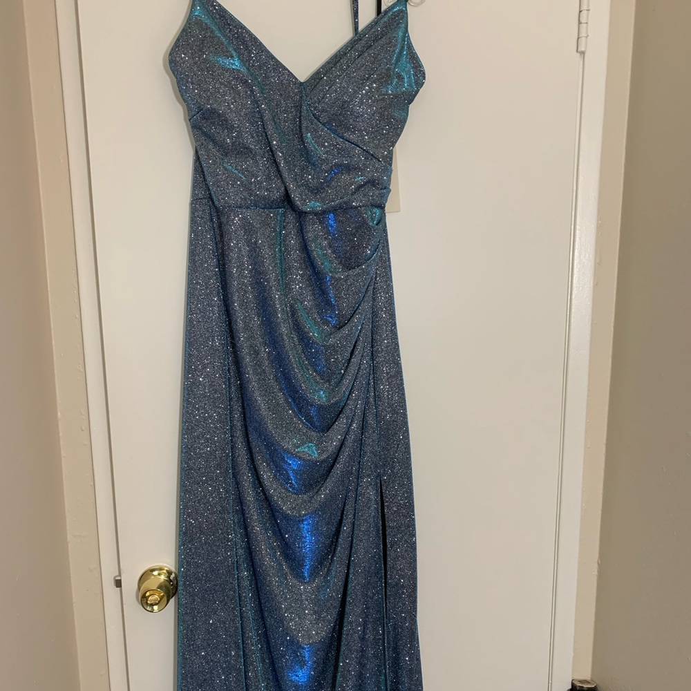 formal dress shimmer metallic royal blue fabric.